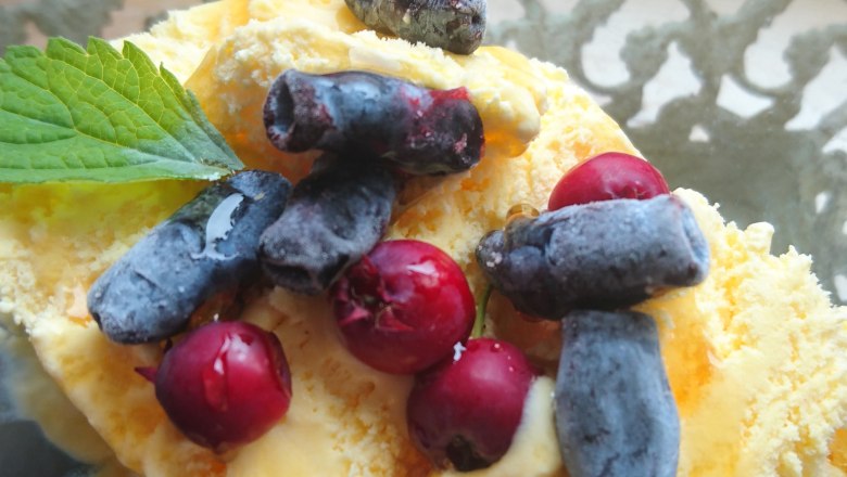 Fresh fruit, © Scheibenreif Karin A dessert with yellow ice cream, red and blue berries, garnished with a green leaf, in a glass bowl.