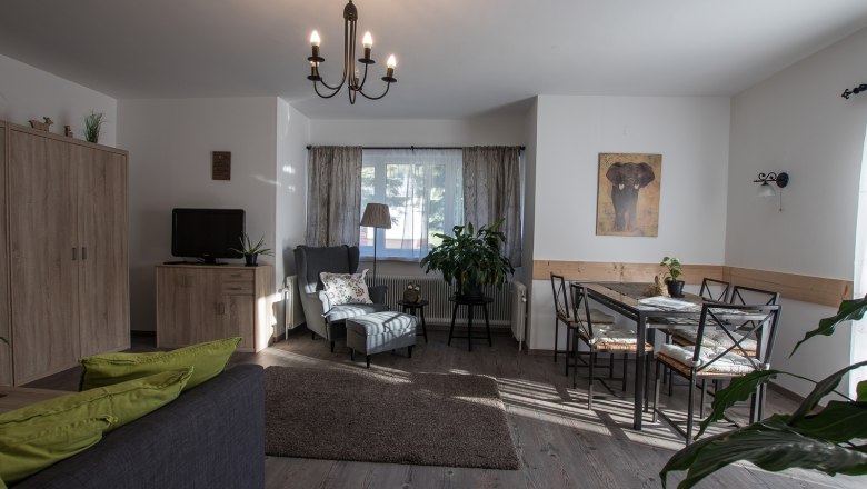 Ferienwohnung, © A. Dirnbauer Gemütliches Wohnzimmer mit Sofa, Sessel, Esstisch und Pflanzen.