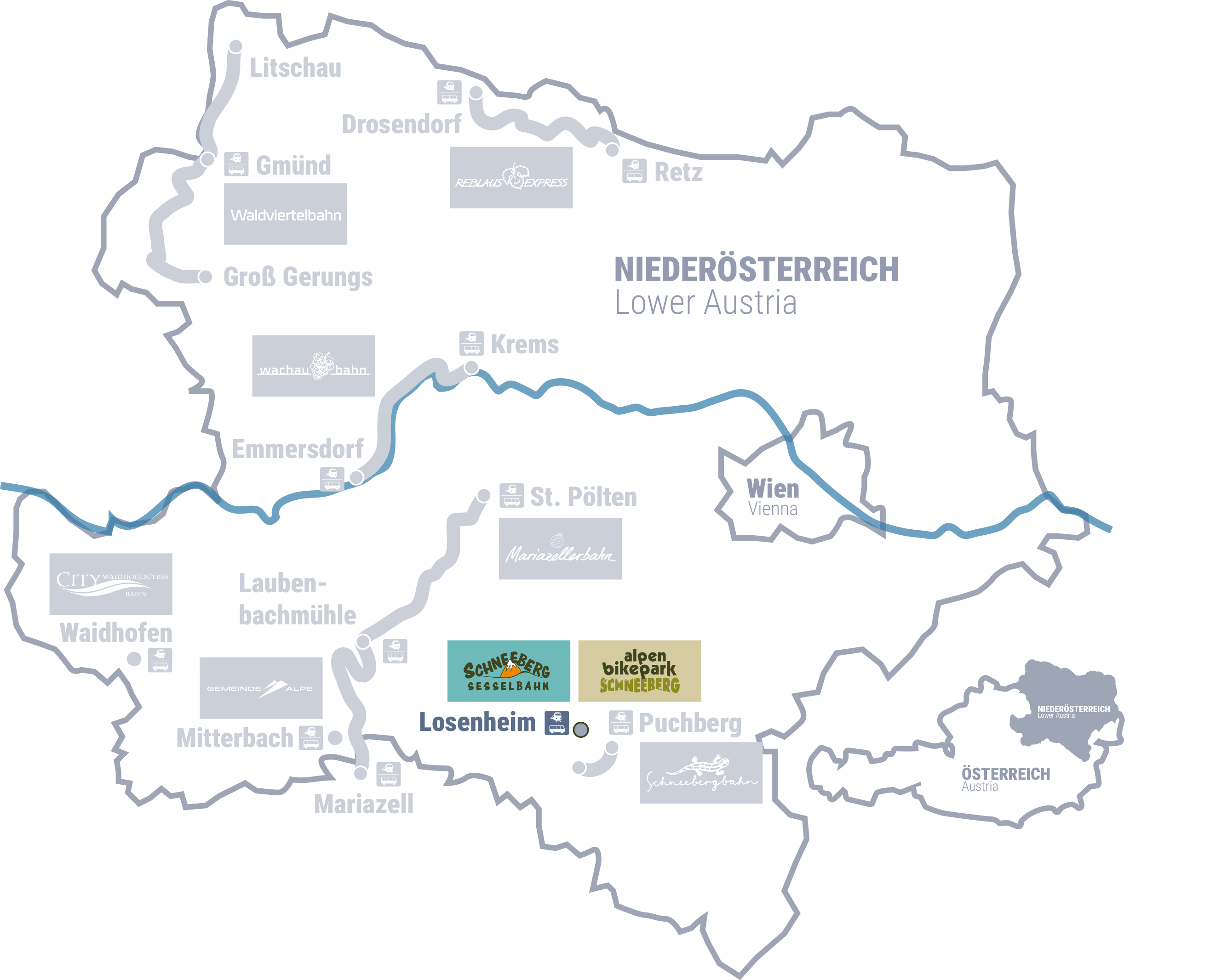 Karte von Niederösterreich mit eingezeichneten Orten, Bahnlinien und Logos von Freizeit- und Tourismusangeboten wie alpen bikepark Schneeberg und Schneeberg Sesselbahn