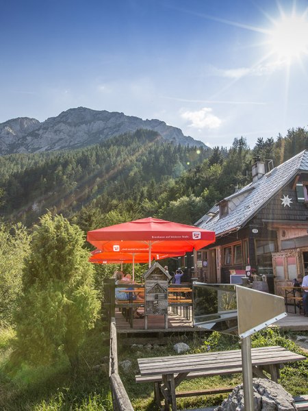 Blick auf die Edelweißhütte mit Sonne und Schneeberg im Hintergrund