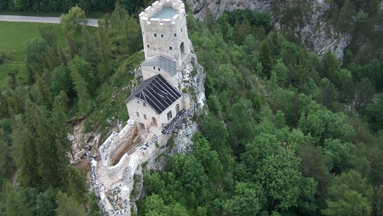 Luftaufnahme der Burgruine Losenheim umgeben von Wald.