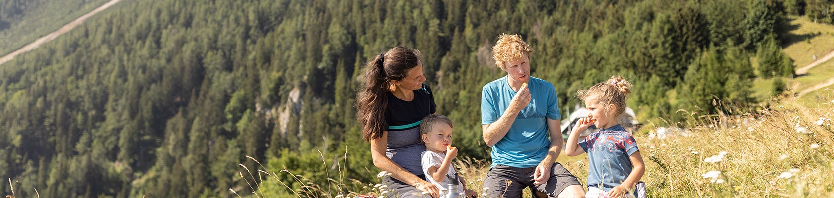 Familie sitzt auf bl&uuml;hender Wiese mit Picknickdecke und Snacks
