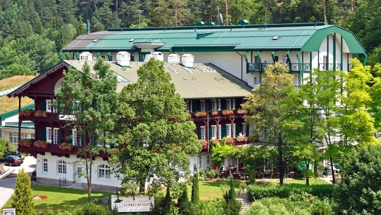 Der Schneeberghof in Puchberg, © Hotel Schneeberghof Ein großes Hotelgebäude mit grünen Dächern und Balkonen, umgeben von Bäumen und Natur.