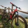 Mountain bikes leaning against a wooden fence with a panoramic view at the Almreserlhaus on the Schneeberg